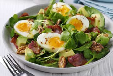 Soft Boiled Eggs with Spinach, Bacon and Walnut salad recipe