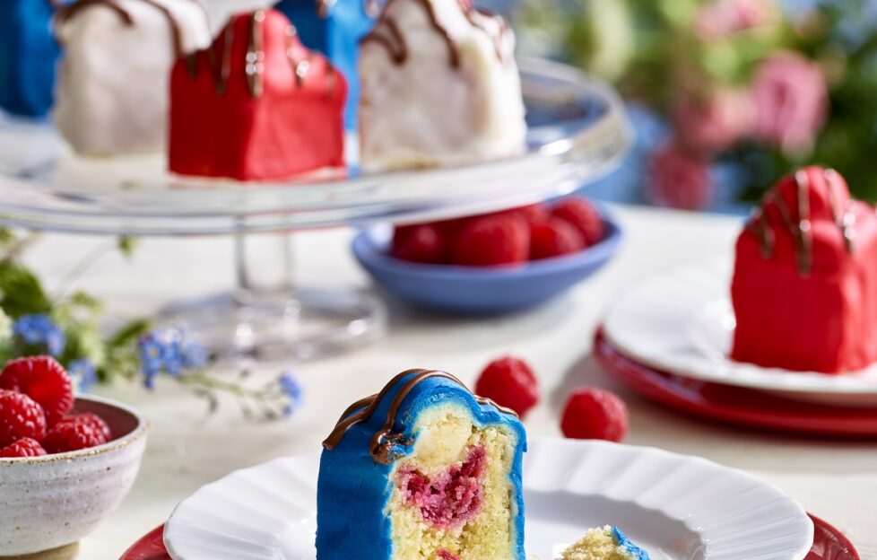 Raspberry Fondant Fancies in red white and blue, Jubilee recipe