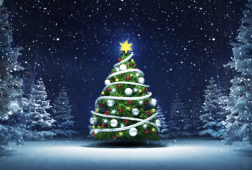 Christmas tree in snowy landscape illustration
