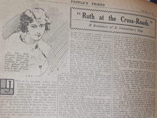 Scan of original The People's Friend story "Ruth At The Crossroads" from 1916 with illustration