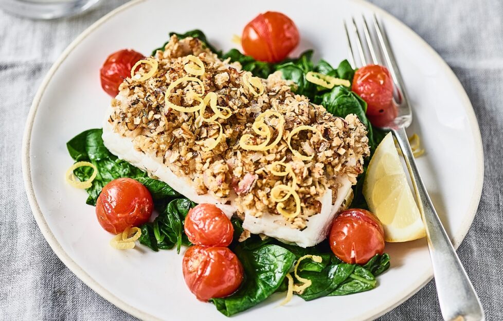 Lemon Cod With Oat Crumb And Spinach Recipe
