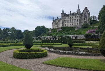 Dunrobin Castle, Sutherland, Golspie, Scottish Highland, overcast day view from the gardens