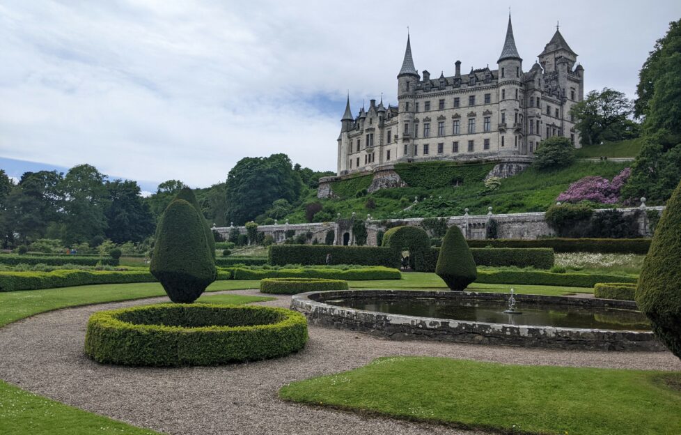 Dunrobin Castle, Sutherland, Golspie, Scottish Highland, overcast day view from the gardens