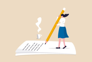 Illustration of small woman writing on paper with big pencil