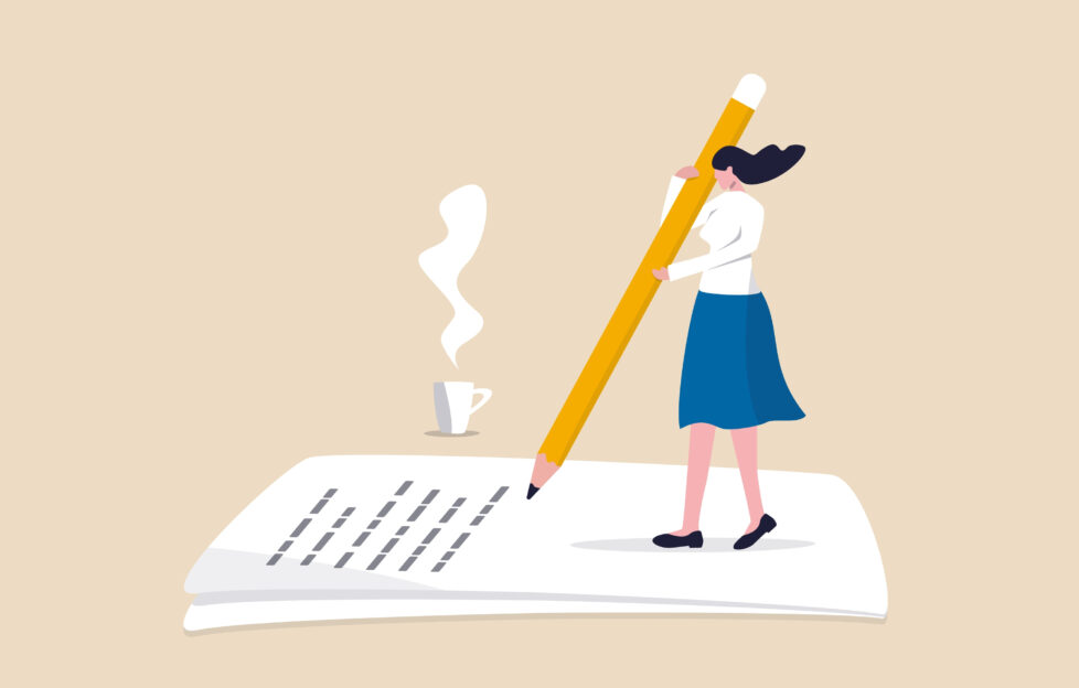 Illustration of small woman writing on paper with big pencil