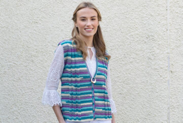 Woman modelling crochet waistcoat, crochet preview for The People's Friend July 9 issue