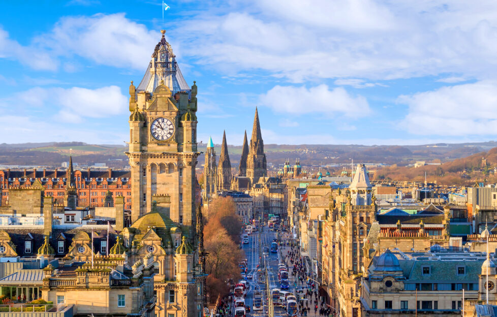 View of Edinburgh old town skyline on a sunny sunset