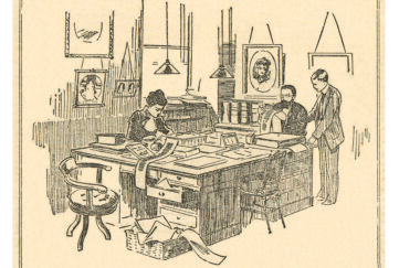 Scan of "The People's Friend" team illustration working at desk from 1901