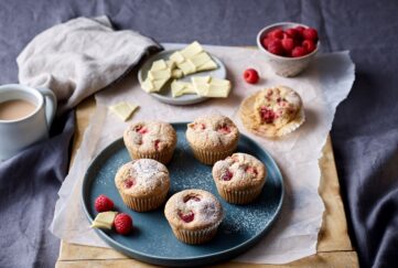 Raspberry muffins on a plate with surrounding ingredients