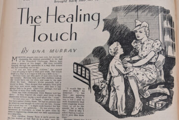 A photo of the original print of "The Healing Touch" from "The People's Friend" archives, published January 1940. Featuring the title and illustration of woman putting a child into pyjamas ready for bed.