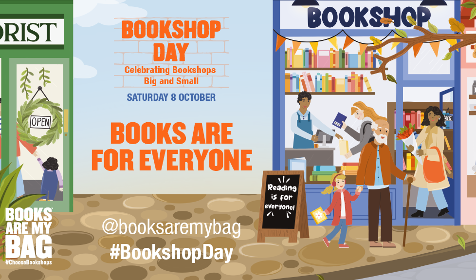 Graphic for Bookshop Day with cartoon family buying books at a book shop, orange wording reads 'BOOKSHOP DAY' and 'BOOKS ARE FOR EVERYONE'