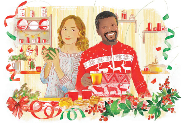 Story illustration of a couple getting ready for Christmas, wearing woolly jumpers and drinking hot drinks in the kitchen
