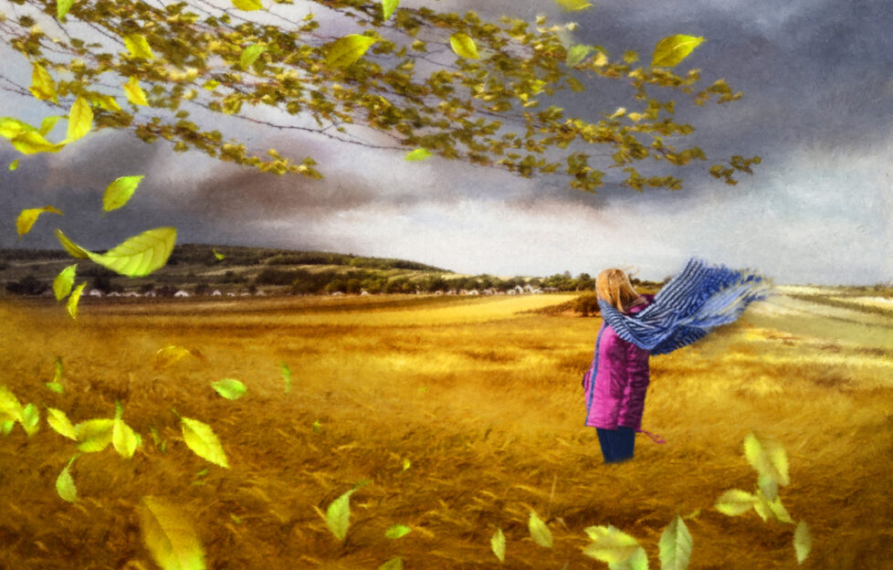 Illustration of woman with scarf blowing in the breeze on a stormy day