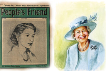 Cover of The People's Friend of Queen Elizabeth in 1952 alongside a portrait of the Queen from 2012 Diamond Jubilee issue