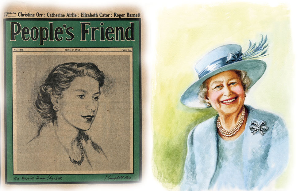 Cover of The People's Friend of Queen Elizabeth in 1952 alongside a portrait of the Queen from 2012 Diamond Jubilee issue