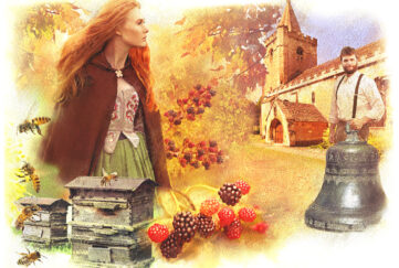 1890s image of young woman, church, autumn berries