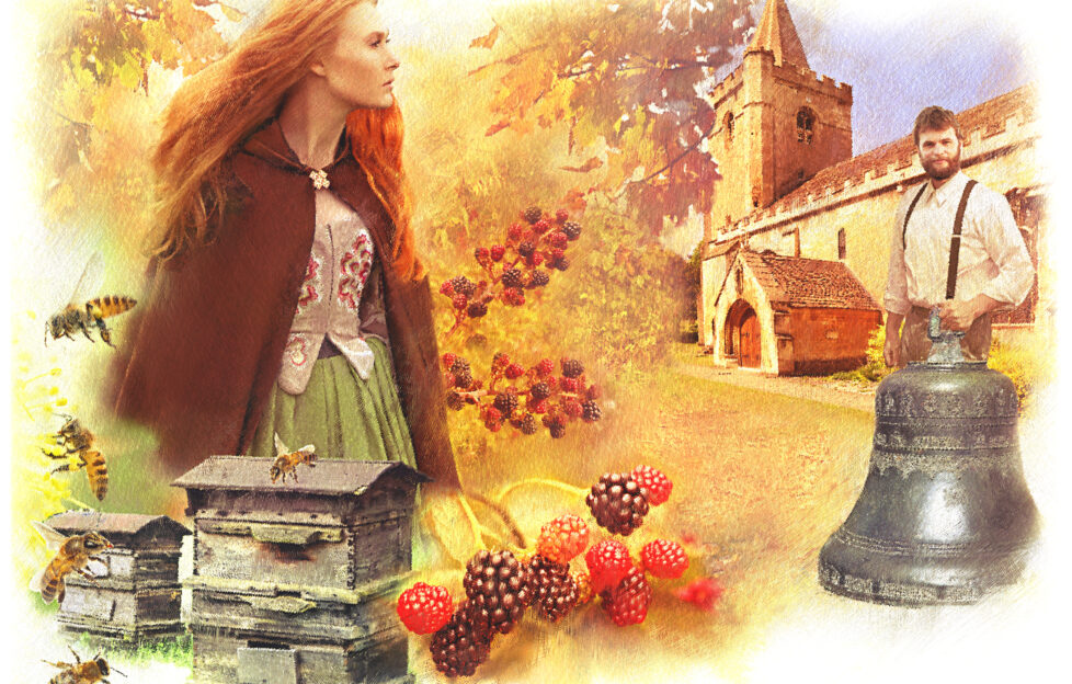 1890s image of young woman, church, autumn berries