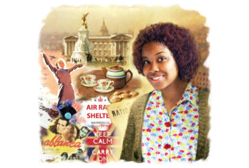 Illustration of black woman in front of Royal collage and Buckingham Palace