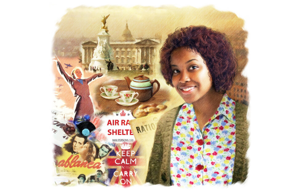 Illustration of black woman in front of Royal collage and Buckingham Palace