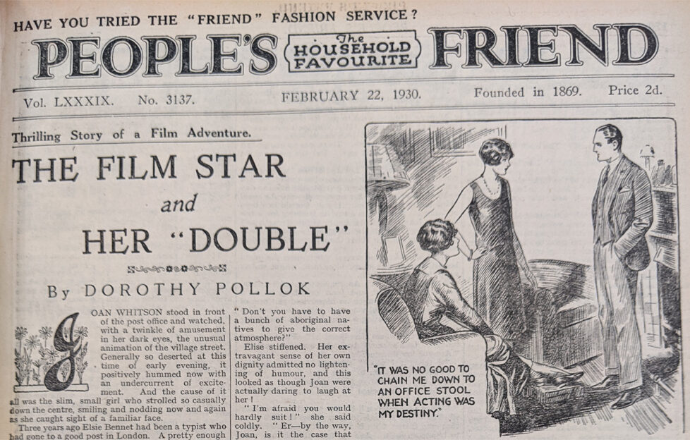 Scan of original 1930 issue of The People's Friend featuring The Film Star And Her Double title and illustration