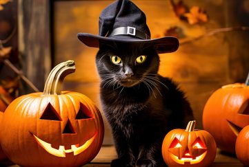 Cat with witch hat and pumpkin lanterns for our Halloween story starters ideas