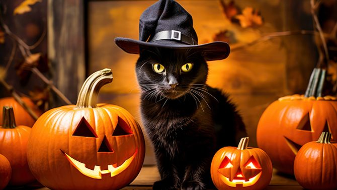 Cat with witch hat and pumpkin lanterns for our Halloween story starters ideas