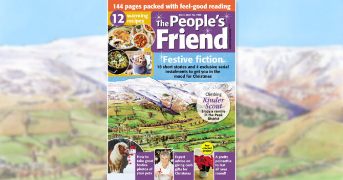 The People's Friend December 3 2022 issue cover among illustration of snowy Peak District Kinder Scout