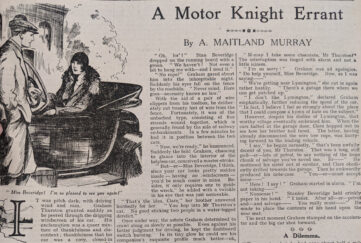Original scan of A Motor Knight Errant in April 1930 issue of The People's Friend with title and illustration of characters by a car