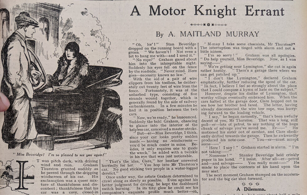 Original scan of A Motor Knight Errant in April 1930 issue of The People's Friend with title and illustration of characters by a car