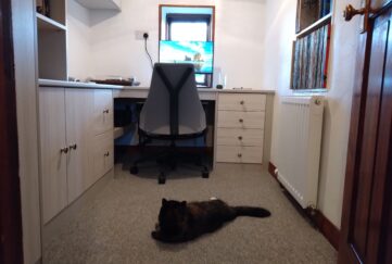 New office space in small box room, desk facing window and Matilda the cat lounging on the floor