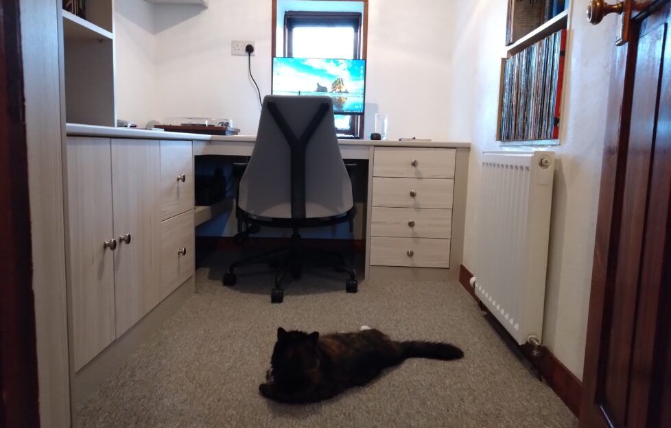 New office space in small box room, desk facing window and Matilda the cat lounging on the floor