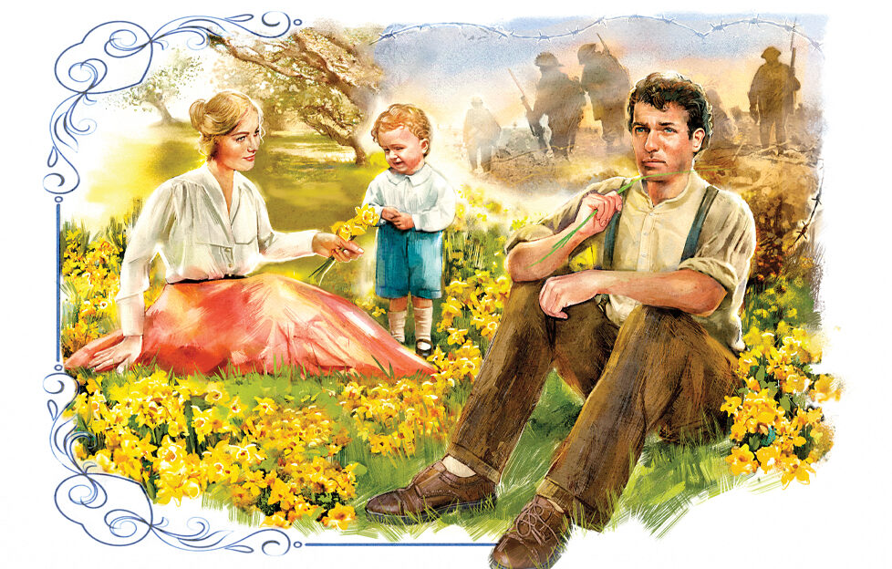 Remembrance Day story "Hope Springs Eternal" illustration of woman, husband and child sitting in a daffodil field, the man is staring off thinking of the War.