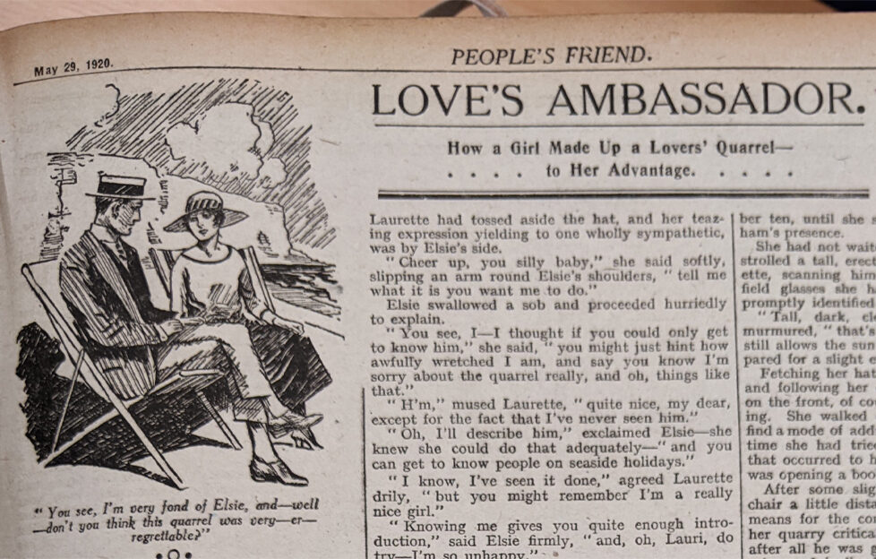 Cover of Love's Ambassador in The People's Friend May 1920 with title and illustration