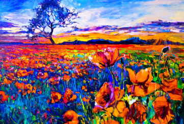 Oil painting of a poppy field with a lone tree and blue skies