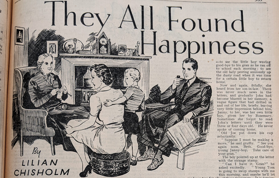 Original picture of "They All Found Happiness" in The People's Friend April 1940 depicting the title and illustration of characters sat around the fire