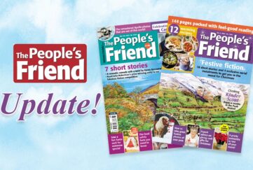 The People's Friend logo with two issue covers and 'Update' wording with sky background