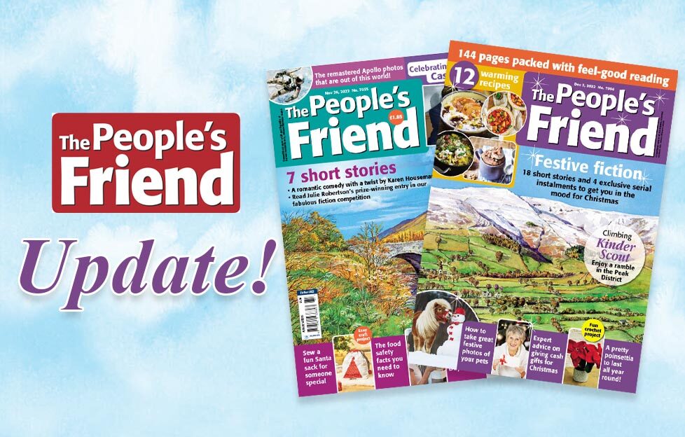 The People's Friend logo with two issue covers and 'Update' wording with sky background