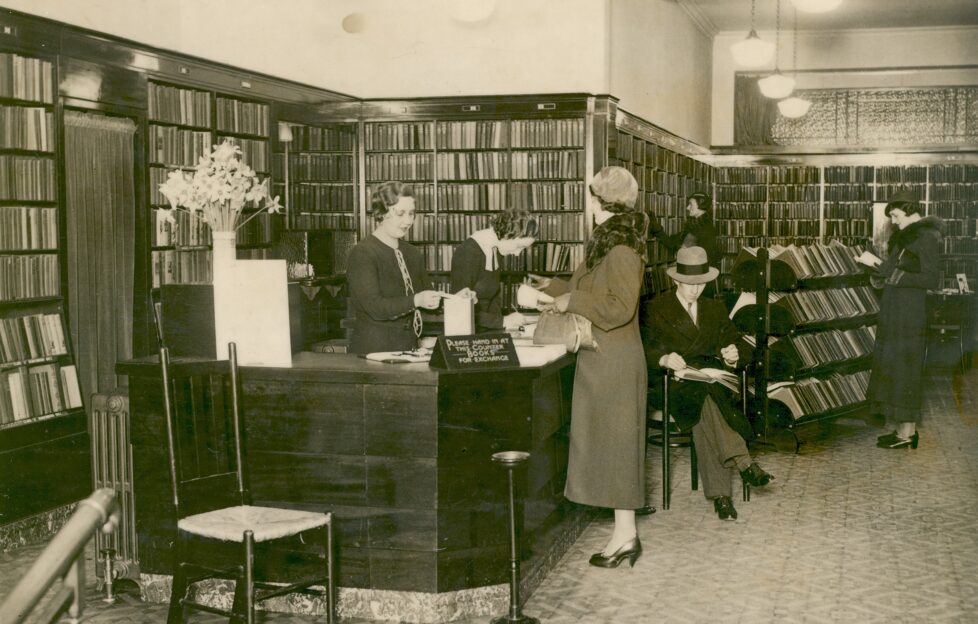 Black and white photo of the Boots Booklovers Library
