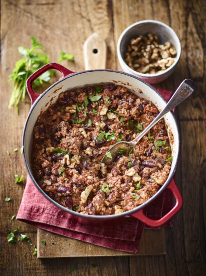 Pot of vegan mince chilli made from California Walnut