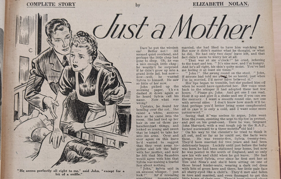 The People's Friend scan of "Just A Mother" title and illustration from the archives from April 1945