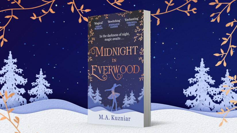 Midnight In Everwood paperback cover mock up on snowy midnight background