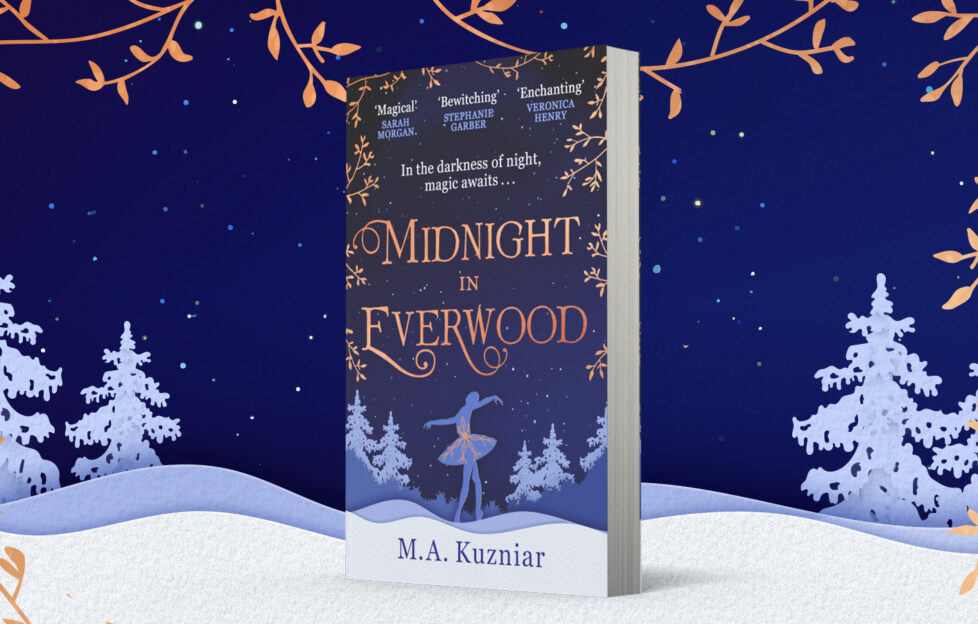 Midnight In Everwood paperback cover mock up on snowy midnight background