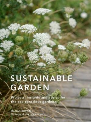 Sustainable Garden book cover with large photo of pavement and white flowers