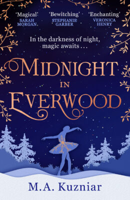 Midnight In Everwood book cover, dark blue background with snowy white elements and silhouette of a dancing ballerina