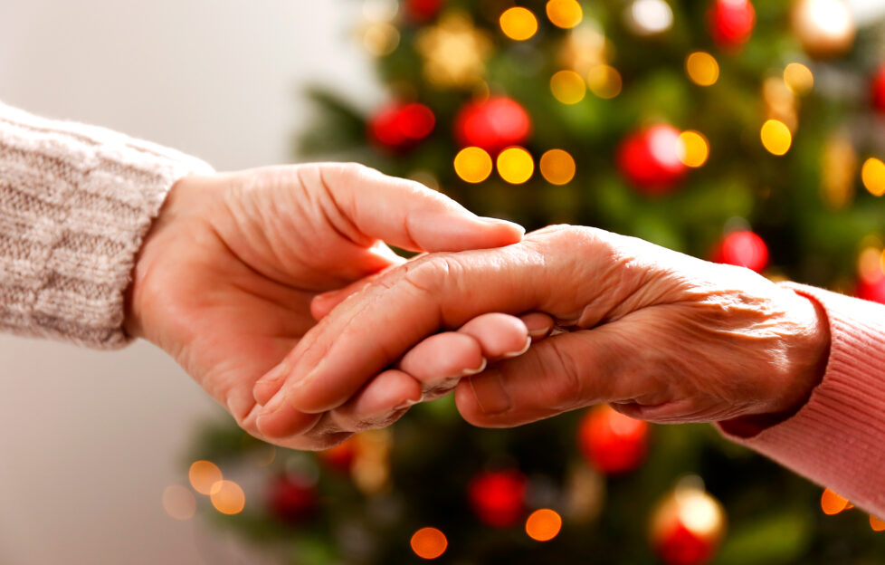 Two hands holding in front of a Christmas tree