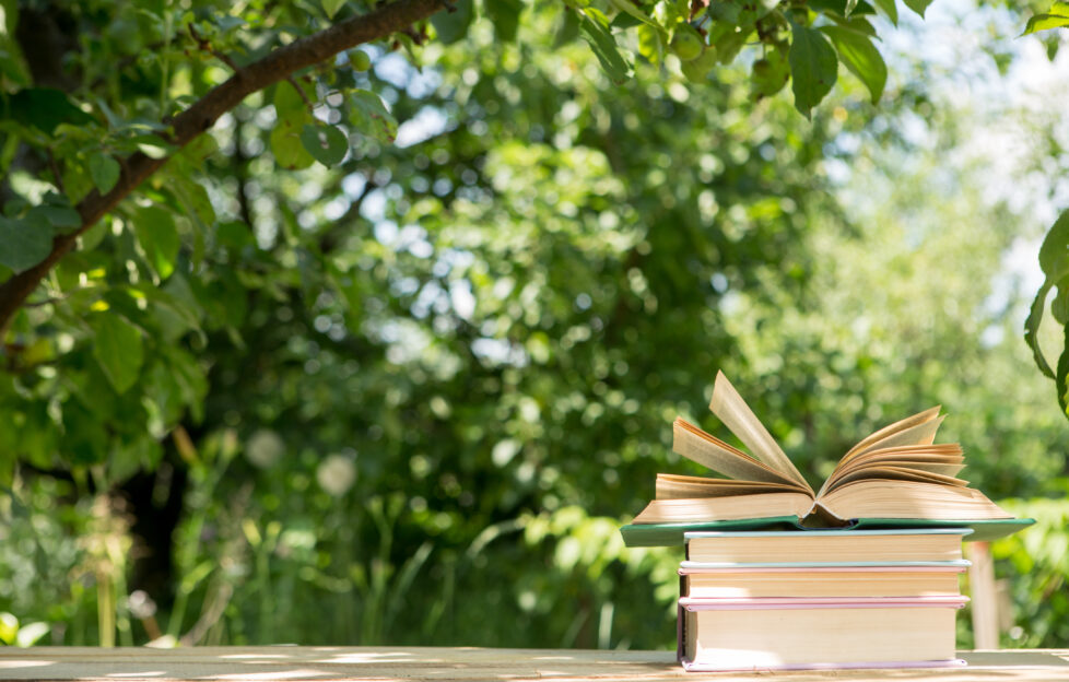 Stack of books on top of table outside with trees in background