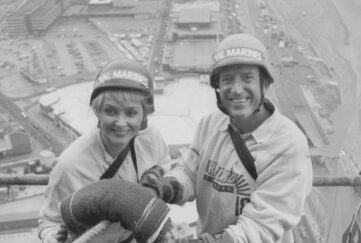Entertainer Roy Castle And Singer Cheryl Baker Celebrating World Record Rope Slide In Blackpool