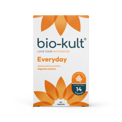 Bio-Kult Everyday Gut 60 capsules box packaging with orange flower details