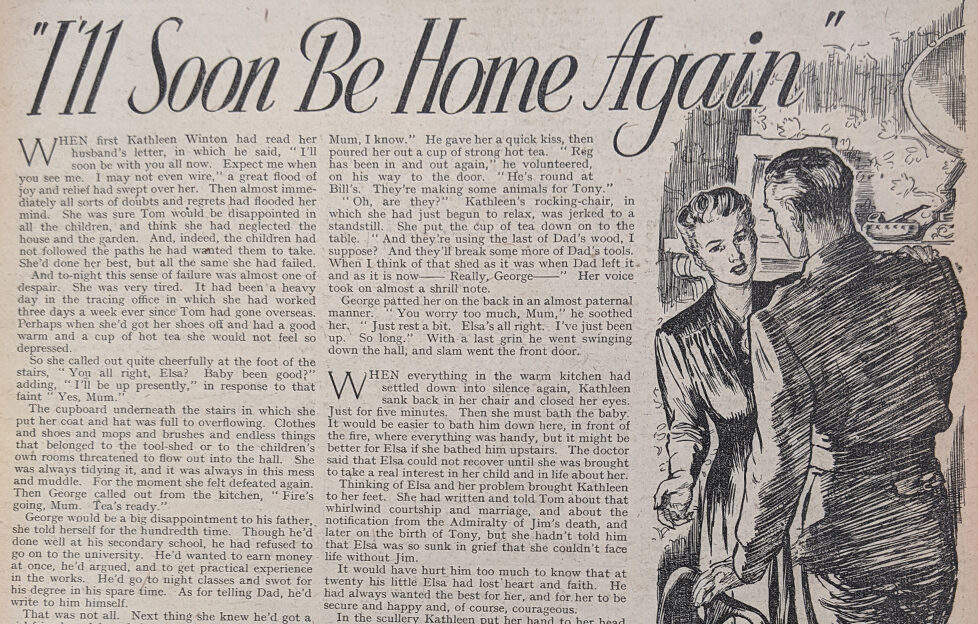 Original scan of 'the story "I'll Soon Be Home Again" with title and illustration in The People's Friend Jan 6, 1945 issue
