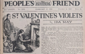 Scan of the original The People's Friend page of St Valentine's Violets from February 15 1930 on the title page, with illustration of Nell kneeling in front of the fire toasting crumpets and Bruce stood behind her watching longingly